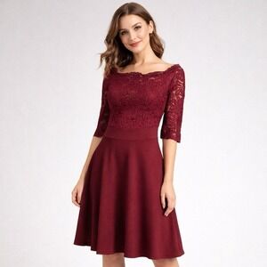 Missmay Burgundy Lace Fit Flare Cocktail Dress Stretch 3/4 Sleeve Sz L Midi